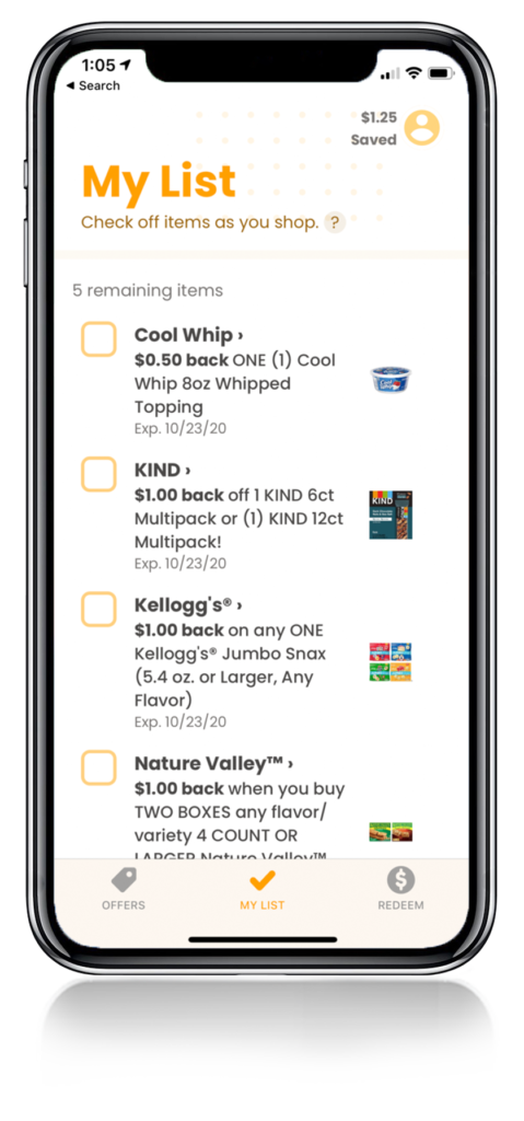 Phone mockup of the "My List" feature inside the National Rebates app