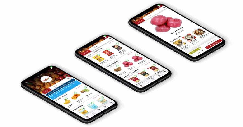 Image of 3 phone screens showing different grocery store eCommerce pages
